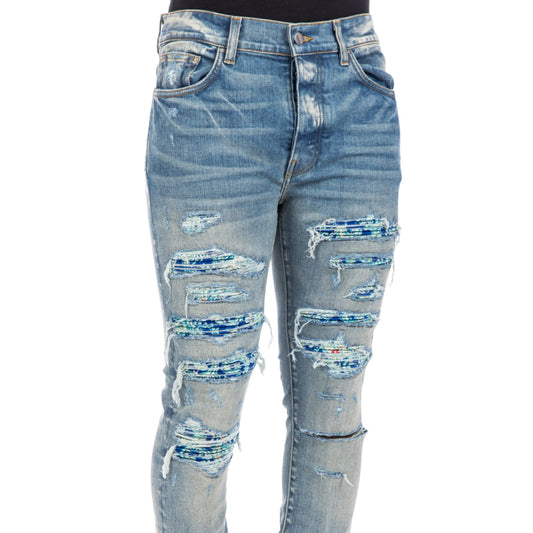 Amiri Brand Embossed Ripped Blue Jeans